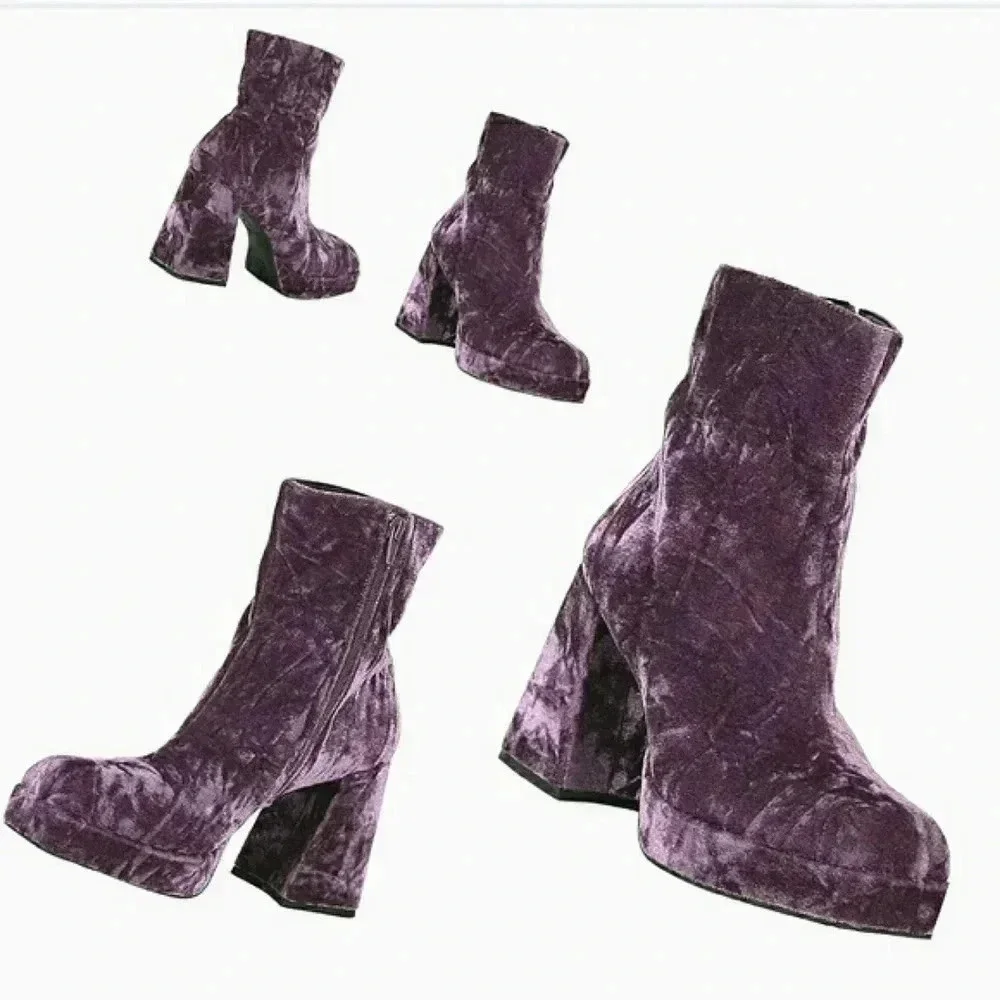 Funky Chunky Booties Boho Purple Velvet Retro Platform Block Heel New